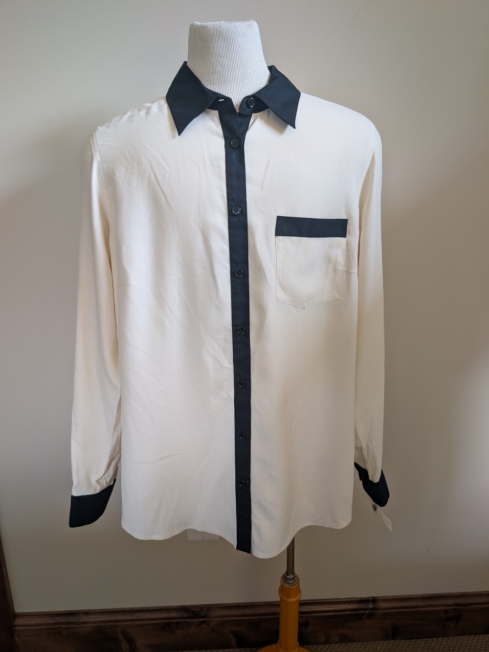 100% Silk & Cotton Trim Women's Colorblock Dress Shirt Ivory/Black